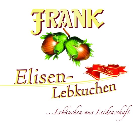 Brand logo for Frank Eisen-Lebkuchen with two hazelnuts, a red ribbon reading seit 1865, and the slogan Lebkuchen aus Leidenschaft.