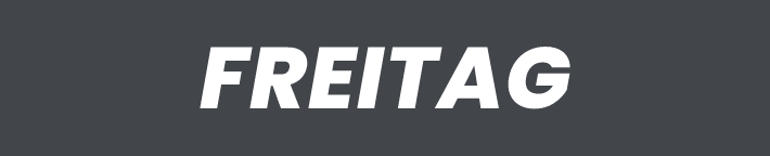 FREITAG logo in bold white letters on a dark gray background, centered on the banner