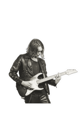 Guitarist in a black leather jacket playing an electric guitar, head tilted down.
