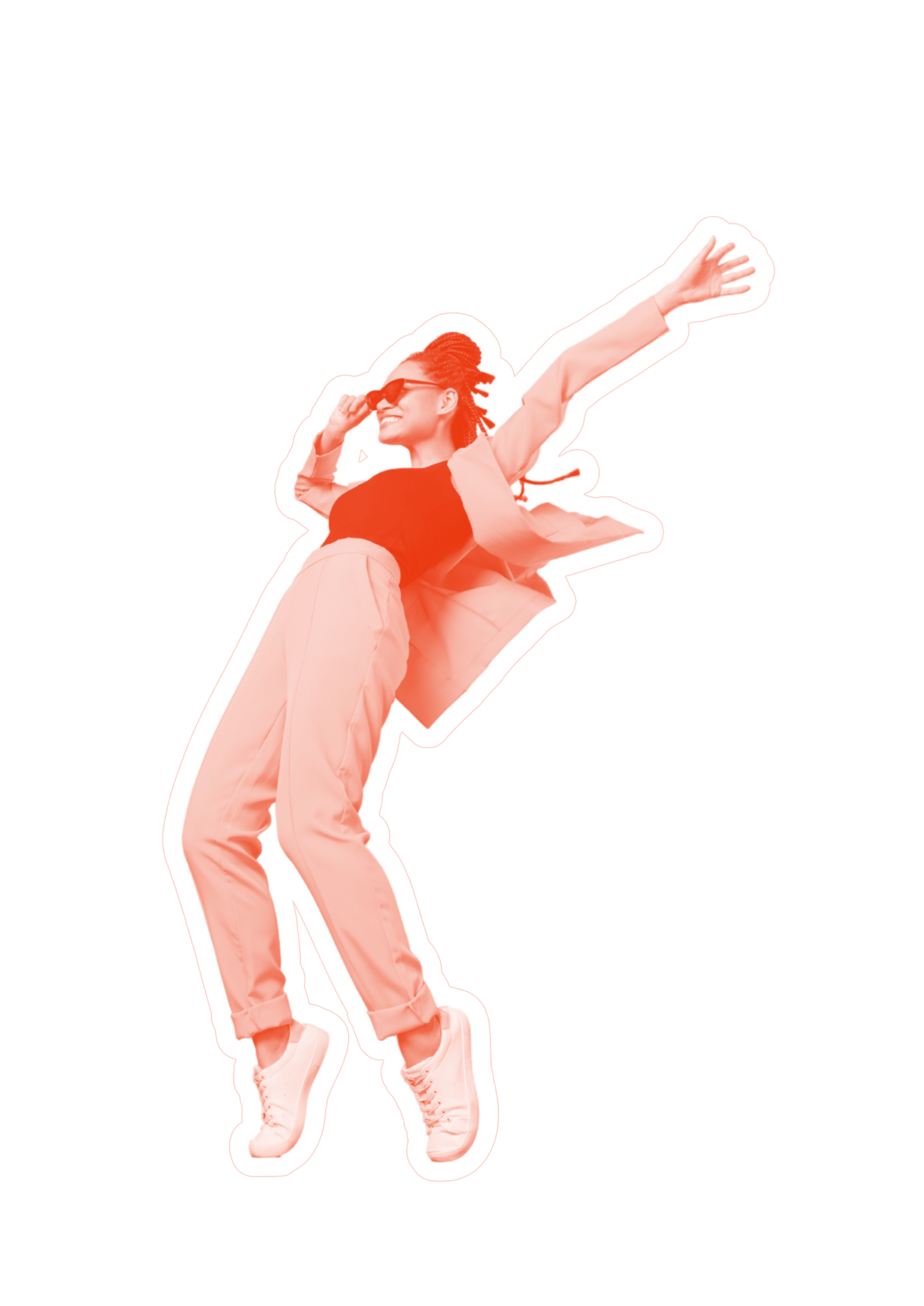 Person jumping mid-air, wearing a pink suit and sunglasses, against a black background.