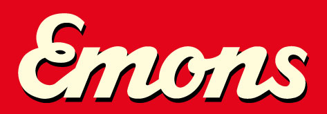 Emons logo: cream cursive text on a red background, with a black shadow effect.