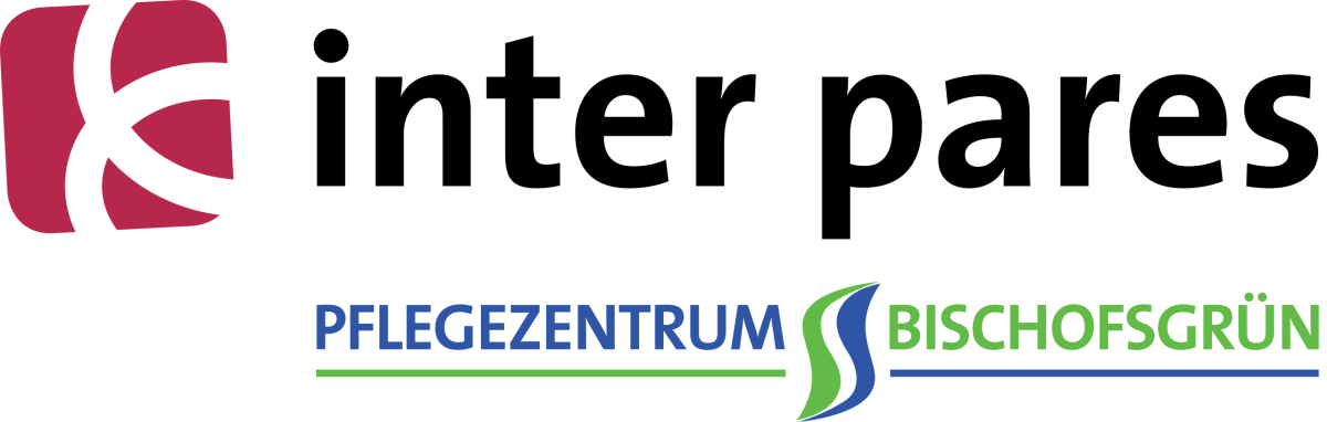 Pflegezentrum Bischofsgrün logo with a red abstract mark on the left and blue/green text with colored lines beneath.