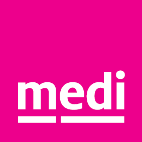 Medi logo: white 'medi' on magenta background with two underlines.